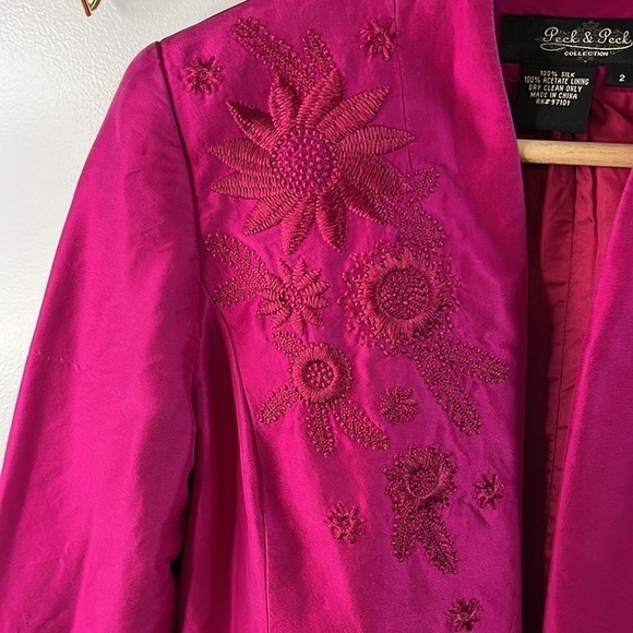 100 % Silk Peck & Peck Blazer Womens Size 2 Lined Floral Embroidery Jacket - Picture 3 of 11